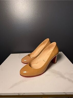 Red Sole Tan Patent Pumps